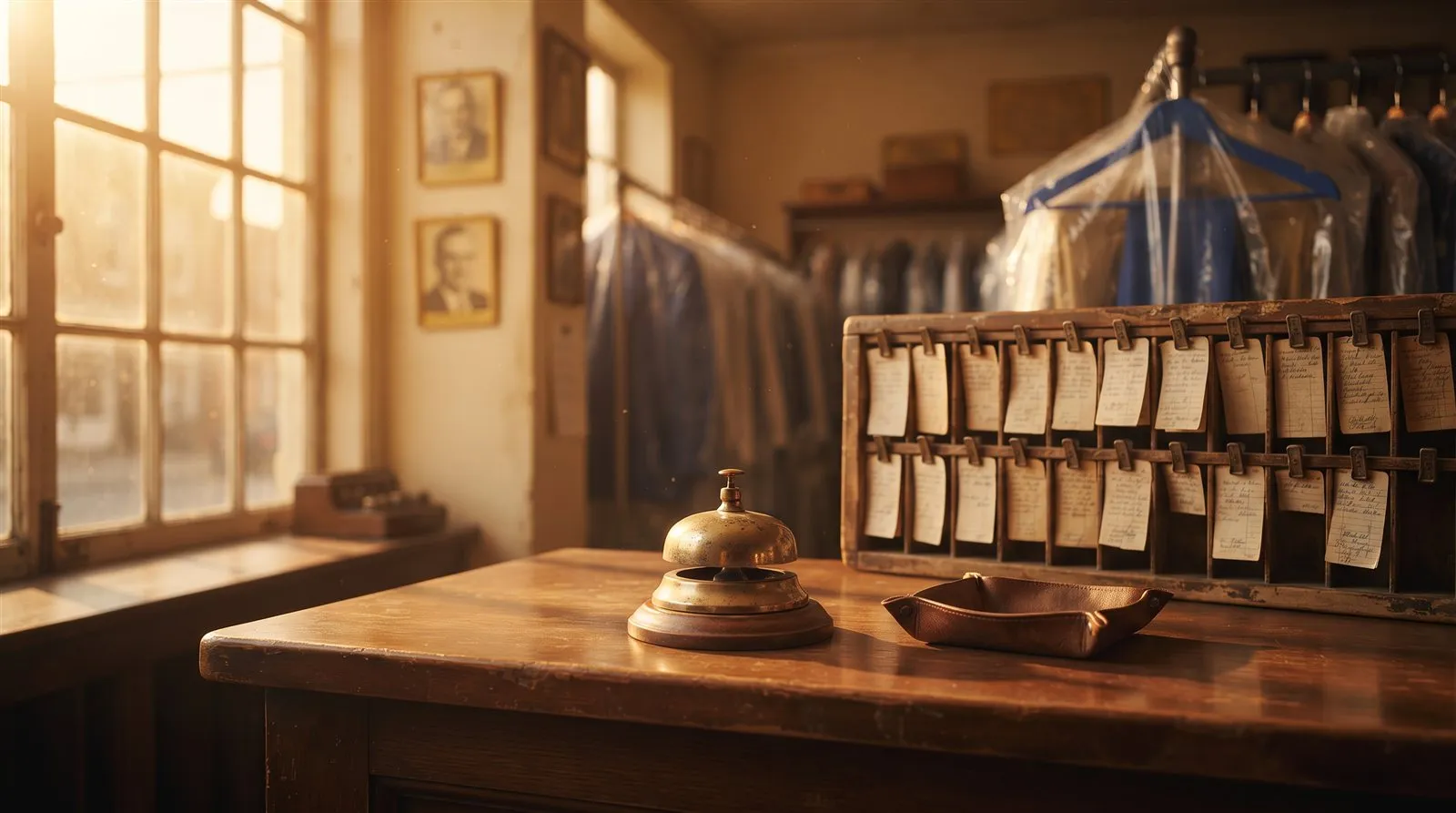 Mostrador clásico de tintorería con campana de servicio dorada y luz de atardecer