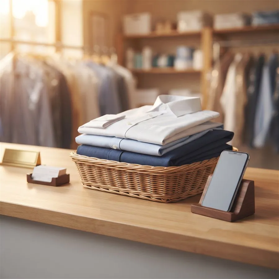Cesta con camisas dobladas lista para entregar junto a un celular en el mostrador