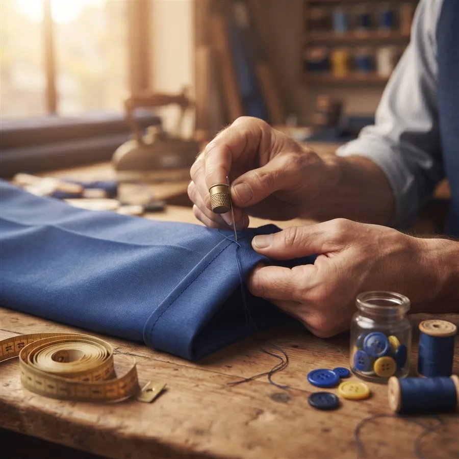 Manos de sastre cosiendo el ruedo de un pantalón azul