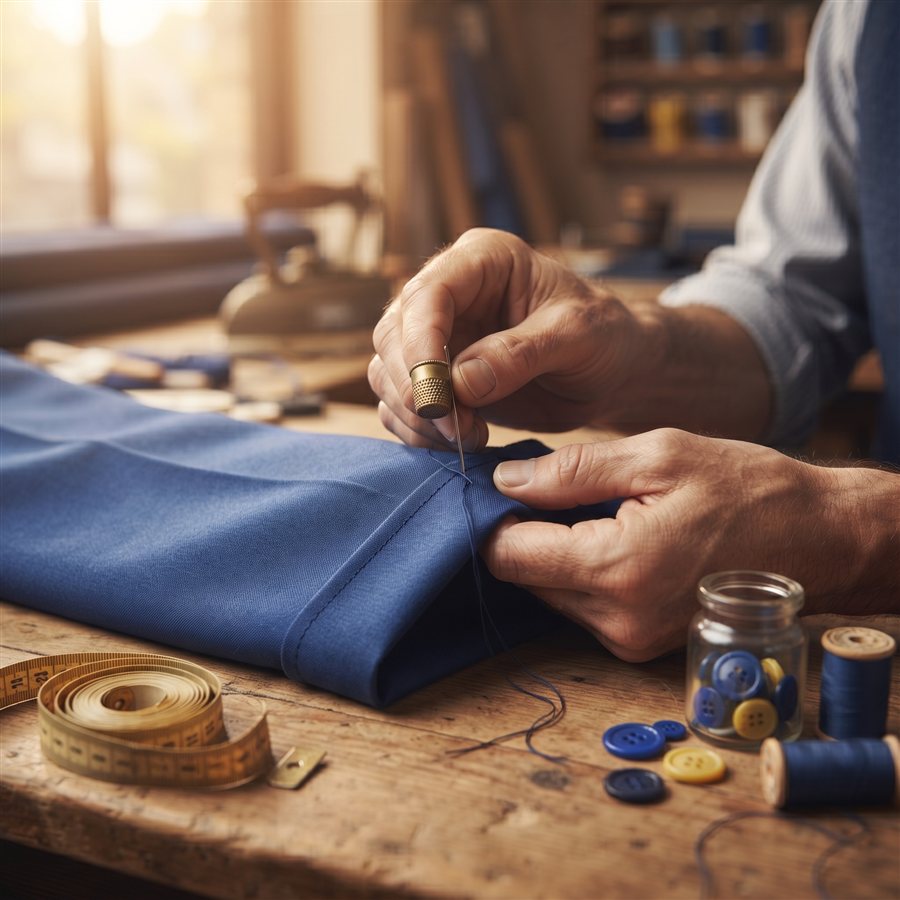 Manos de sastre cosiendo el ruedo de un pantalón azul
